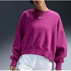 Nike Oversized Cropped Crew Neck Pullover Fleece Sweatshirt Magenta Large